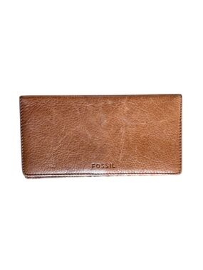 Fossil Leather Bifold Wallet Brown Zipper Pockets